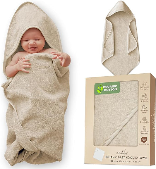 Organic Cotton Plush Woven Hooded Baby Towels, 31x31 Inches, Plush Bath Towels with Hood for Newborns and Kids, Girls & Boys (Ivory, 31.4" L x 31.4" W)