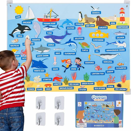 BONNYCO Felt Board for Toddlers with 107 Sea Animals Figures. Montessori and Sensory Toys, Birthday Gifts for Kids 3-8 Years Old. Educational Games, Learning Activities, Christmas