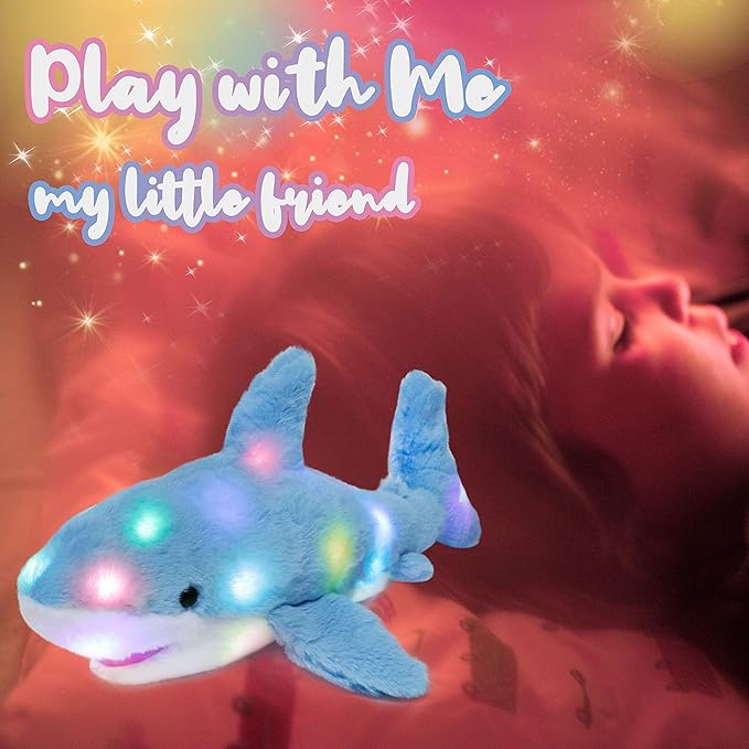Hopearl LED Plush Shark Lighting Up Stuffed Animal Floppy Night Lights Glow in The Dark Birthday Festival for Kids Toddler Girls, Blue, 16''