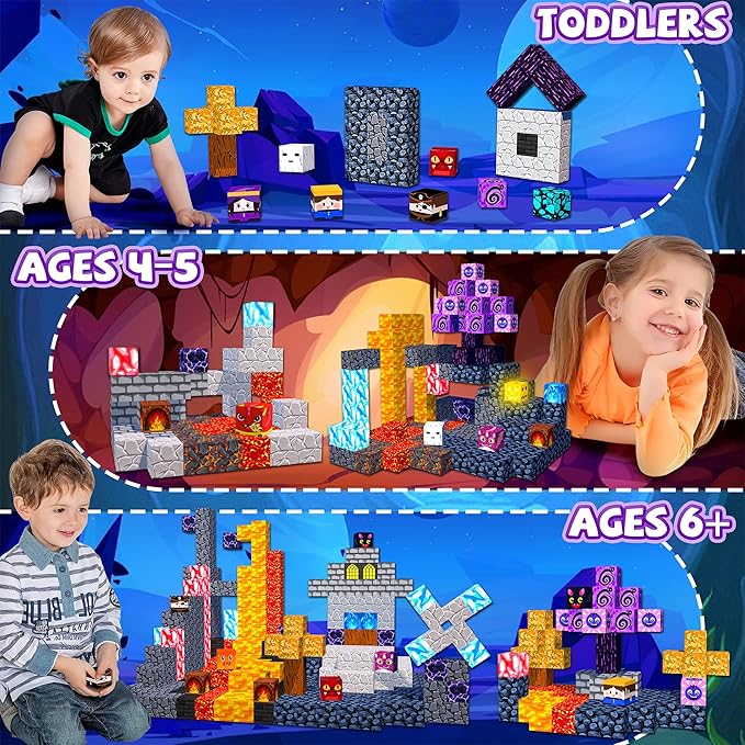 170PCS Magnetic Blocks,1" Light Up Magnetic Building Blocks, Magnets Cubes for Kids to Build 3D Dark Castle Stacking Toddler Set,SETM Sensory Toys for Kids 3+ Ages Boys Girls Christmas Birthday Gifts