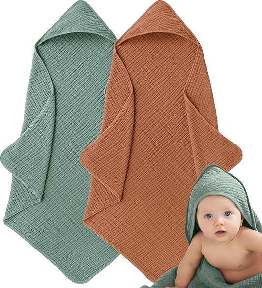 Muslin Hooded Baby Towels for Newborns, 32"x32", 100% Cotton – 6 Layers Super Soft Absorbent Breathable, Baby Bath Towel, Toddler Bath Towel – Pack of 2