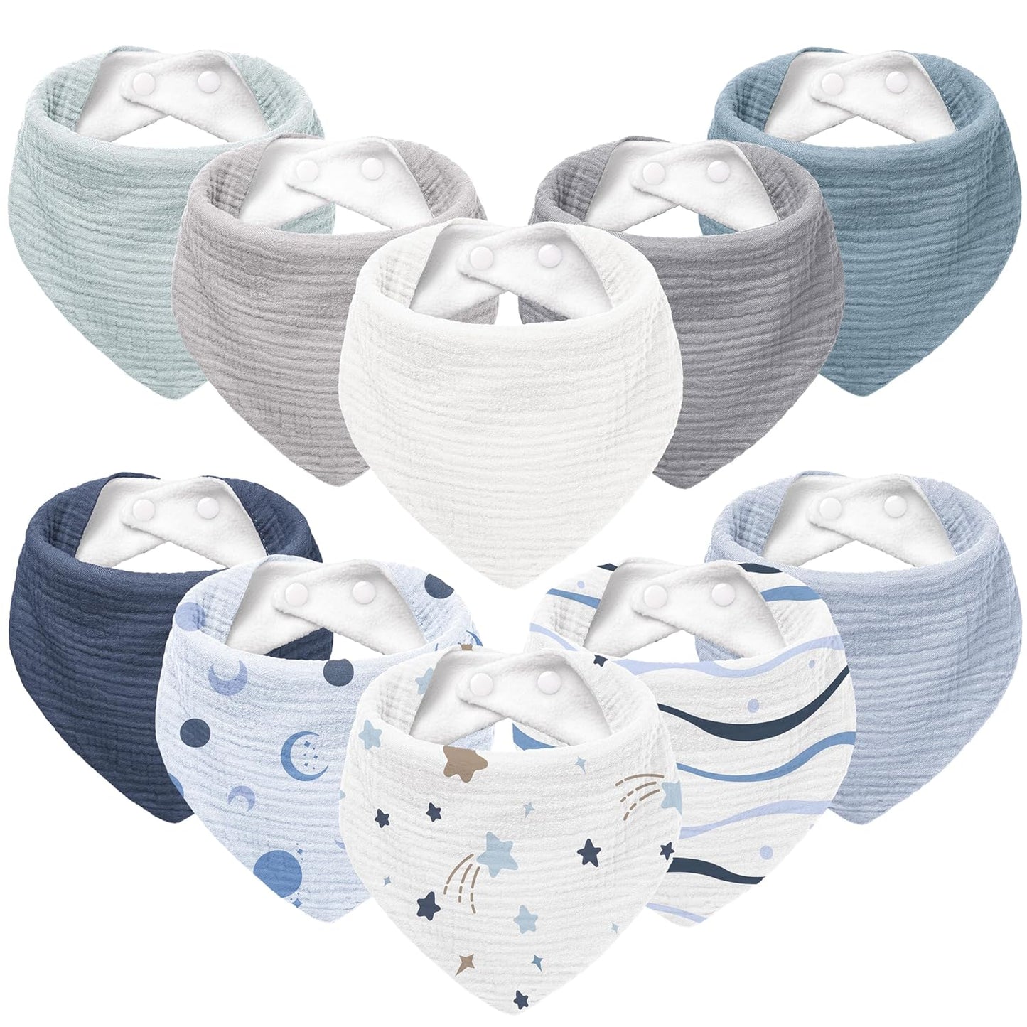 Susurration Muslin Baby Bibs 10Pack Bandana Drool Bibs Soft Adjustable Newborn for Unisex Girls & Boys (Blue Print)