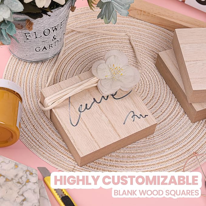 (12-Pack) - 4” x 4” Wooden Blocks for Crafts - 1-Inch Thick Square MDF Blocks - Smooth Surface with Wood Grain Pattern - Highly Customizable Blank Wood Squares