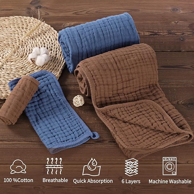 4-Piece Muslin Bath Towel Set - Perfect for New Moms, 32x32 Inch, 6-Layer Ultra-Soft Cotton, Ideal for Infants (Coffee & Blue)