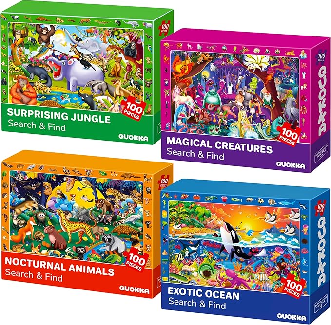 QUOKKA 100 Piece Puzzles for Kids Ages 4-6 - 4 Jigsaw Puzzles for Kids Ages 6-8 - Search and Find Observational Nocturnal Life for Childrens 5-8 - Learning Educational Toys for Boys and Girls 8-10