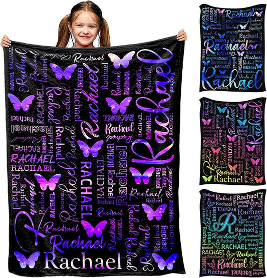 Personalized Name Blanket for Kids Adults, Custom Blanket with Name for Girls Boys, Purple Butterfly Blankets and Throws Super Soft Flannel Blankets Gifts for Christmas Birthday