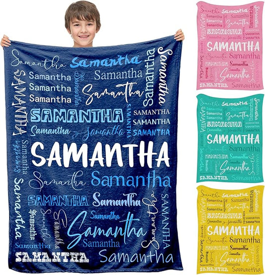 Personalized Name Blanket for Baby Boys Girls, Custom Bed Throw Blanket Navy Blue, Ultra-Soft Cozy Flannel Fleece Blankets for Kids, Fluffy Infant Toddler Newborn Receiving Blankets for Crib Stroller
