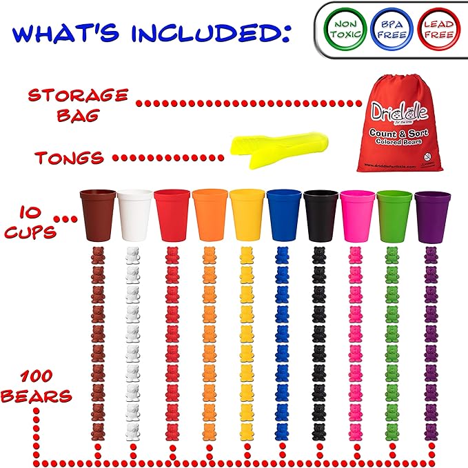 Colorful Counting Bears with Matching Cups - 100 Bears - Sort, Count & Color Recognition Learning Toy for Toddler & Kids - Montessori Education - Preschool Game