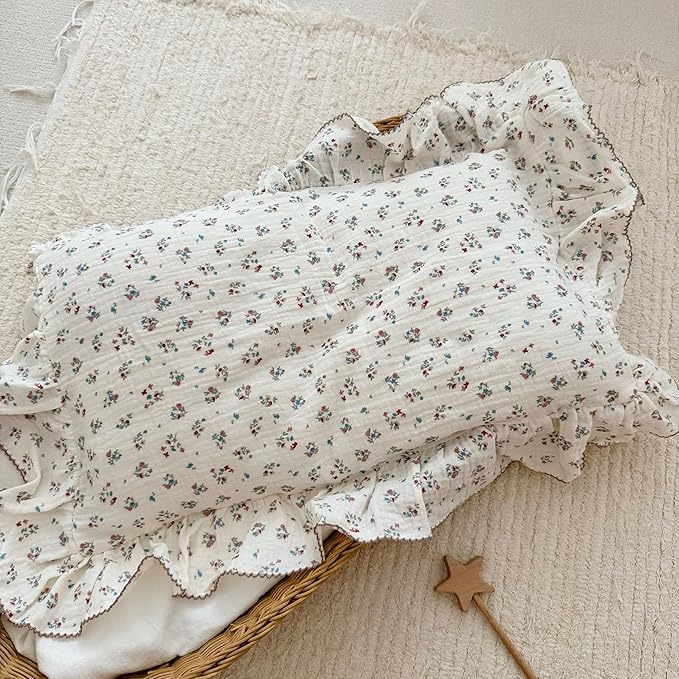 BuLuTu Girls Boys Kids Pillowcase Standard Size, Floral Pattern, 20"x26", 1 pc, Soft Breathable Muslin Cotton Toddler Bed Pillow Cases Kids Bedding Room Decor, Envelope Closure