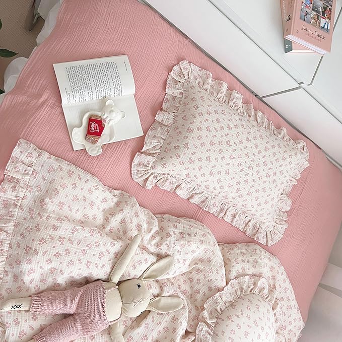 BuLuTu Cotton Muslin Kids Toddler Pillowcase Standard Size, Shabby Chic Galsang Flowers Print, Soft Travel Pillow Case Ruffle Edge Nursery Pillowcases, Boys Girls Bedding Decor, Machine Washable