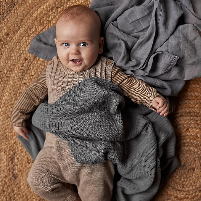 Knitted Organic Cotton Baby Blanket- Swaddle Blanket, 30" x 40" Soft Receiving Blanket for Newborn (Stone Grey)