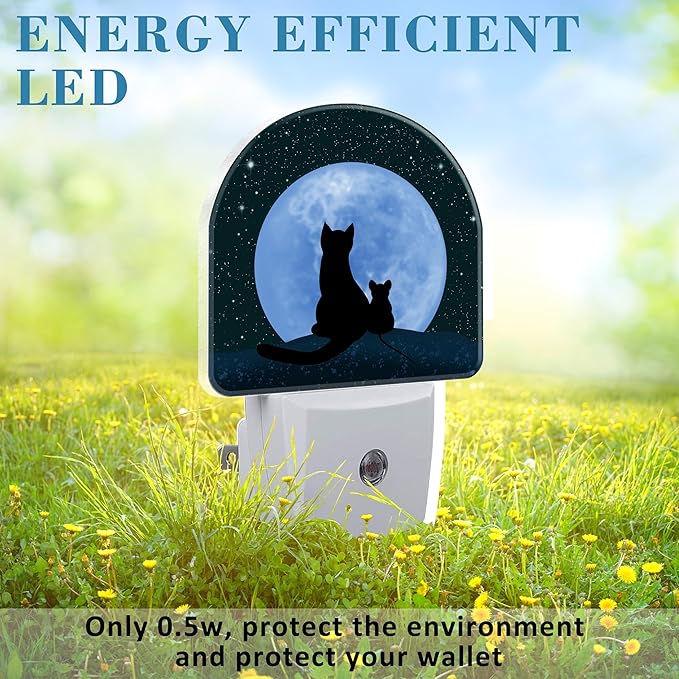 Plug in Night Lights Cat and Mouse Looking Moon Nightlight Plug Into Wall Dusk to Dawn Sensor LED Night Light for Kid Girls Boys Women Room Decor, Hallway, Kitchen, Bathroom, Nursery, Stairs