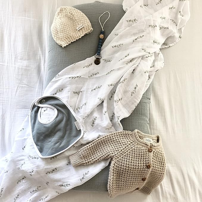 Ely's & Co. Muslin Swaddle Blanket 2-Pack — 100% Cotton Muslin Extra-Large Swaddle Blankets (47” x 47”) Watercolor Eucalyptus Print & Solid Sage