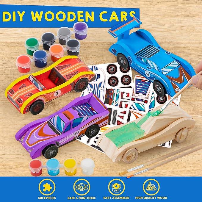 Klever Kits 4 DIY Wooden Race Cars-Build & Paint Your Own Wood Craft Kit, 4 Race Cars Toy, Easy to Assemble Arts Crafts Kit, Birthday Party Presents for Kids Boys and Girls