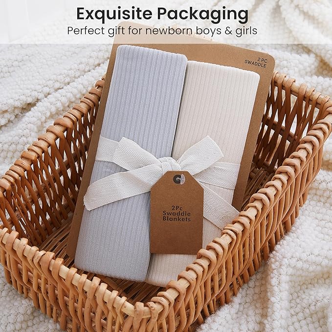 Jersey Unisex Swaddle Blanket, Ultra Soft Stretchy Receiving Blanket, Newborn Swaddle Wrap for Boys & Girls, 40 x 30 inches, 2 Pcs, Grey & Khaki