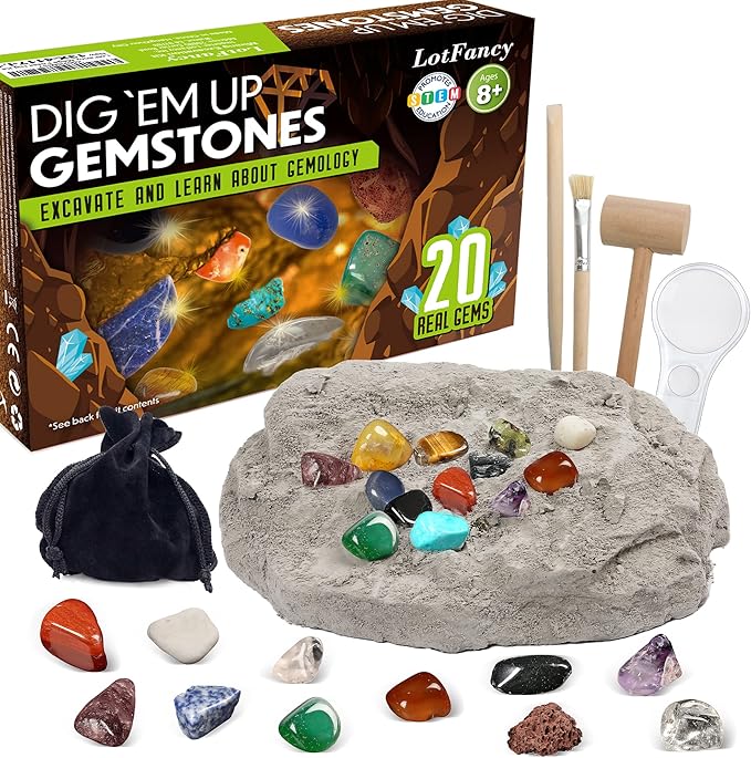 LotFancy Gemstone Dig Kit, Excavate 20 Real Gems, Science Kit for Kids Age 8-12, Educational Toy, Birthday Gift for Boys Girls with Mining Tools