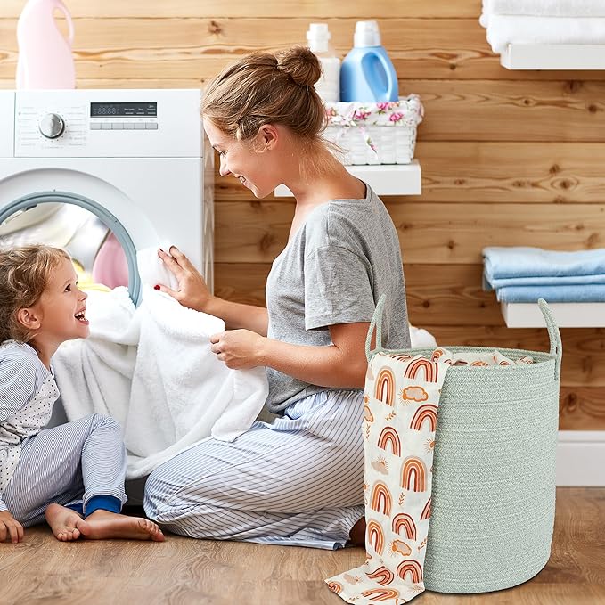 Cotton Rope Laundry Basket Hamper for Clothes Woven Storage Basket for Living Room Bedroom Boho Tall Rope Baskets for Blanket Toys Pillow Towels Baby Nursery Hamper Bin green