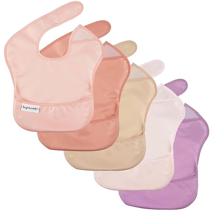 Tiny Twinkle Mess Proof Baby Bibs for Eating – Waterproof, Wipeable Toddler Bibs with Pocket – Baby Food Bibs for Girls & Boys(5 Pack, Girl Spring)