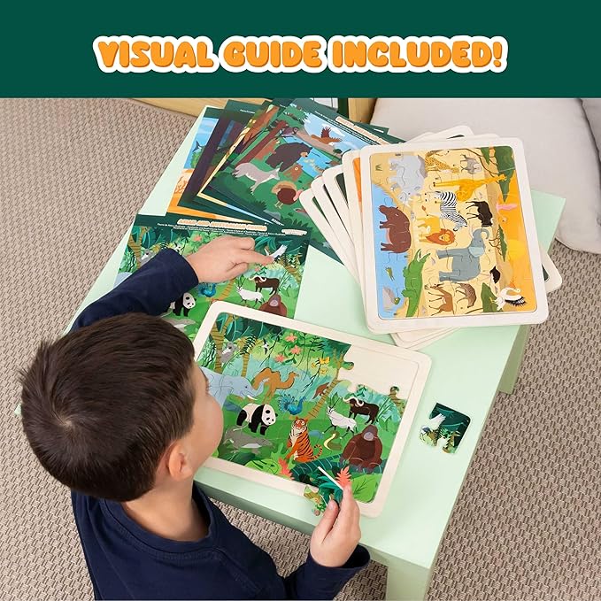 BONNYCO Wooden Puzzles for Kids Ages 4-6 and 3-5. Set of 6 Jigsaw Puzzles 24 Pieces with Board, Animals from Diverse Ecosystems. Educational Toys, Learning Gifts for Boys, Girls