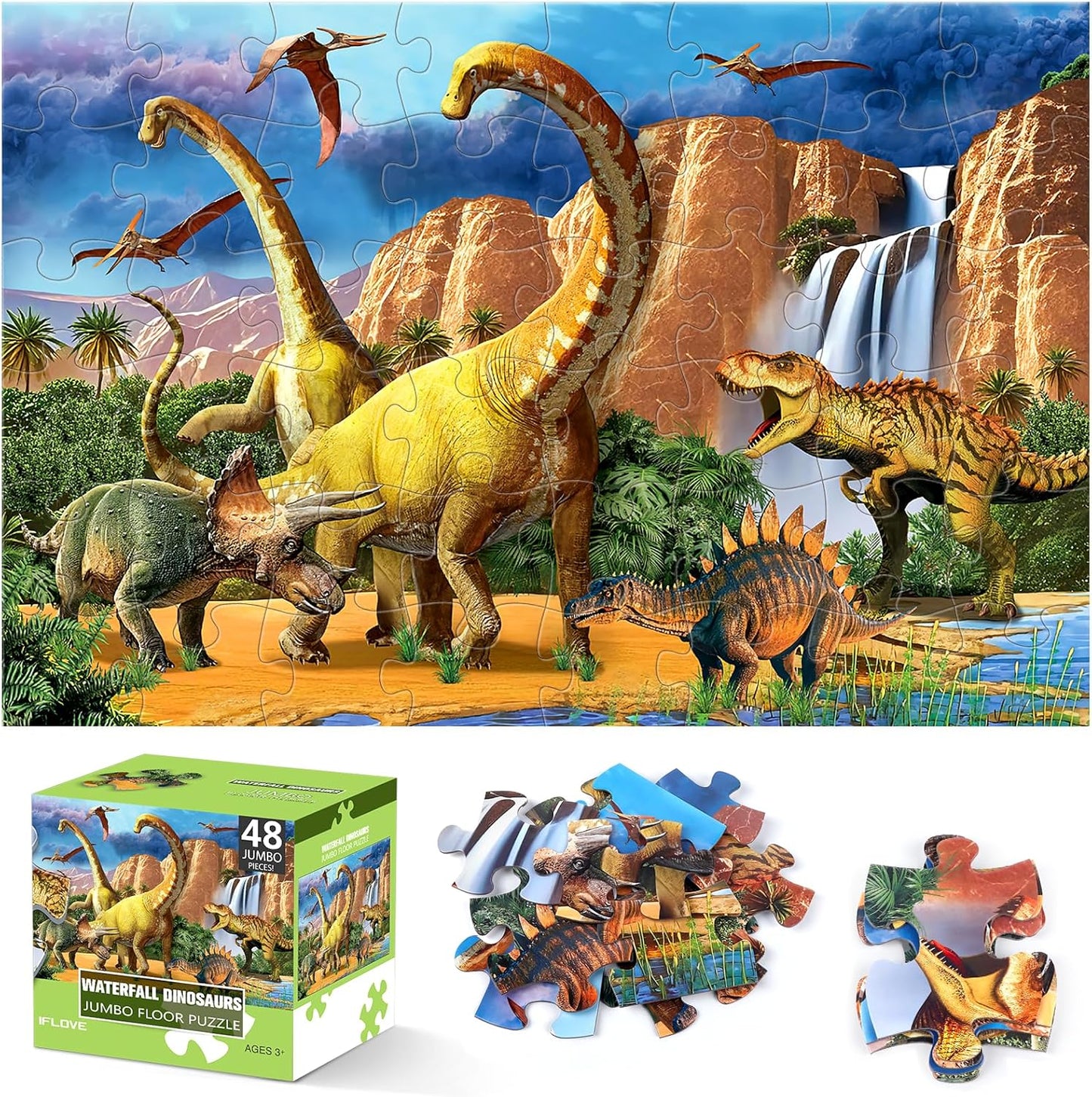 Jumbo Floor Puzzle for Kids,48 Piece Waterfall Dinosaur Large Jigsaw Puzzles, Fun Preschool Educational Toy for Toddlers Ages 3-5,Gift for Boy Girl Ages 4-8