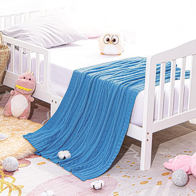 NTBAY 100% Pure Cotton Cable Knit Toddler Blanket, Super Soft Warm Breathable 30x40 Baby Blanket for Crib, Stroller, Nursery, Travel, Newborn, 30x40 Inches, Azure Blue