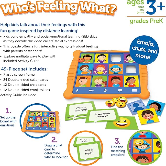 Learning Resources Who's Feeling What?,Social Emotional Learning Games, Communication Games for Kids, Emotion Toys, Feeling Toys for Kids, 49 Pieces, Age 3+