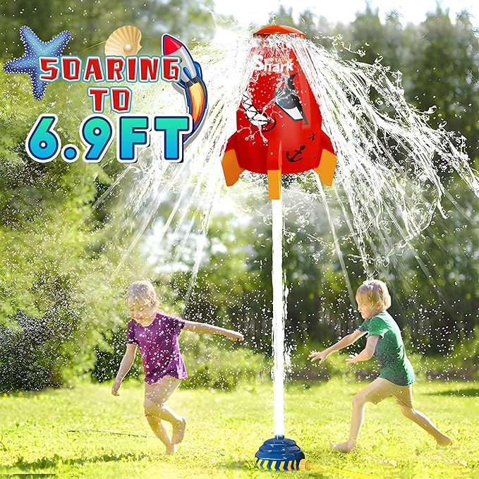 Water Rocket Sprinkler for Kids, Outdoor Sprinkler Rocket Launcher Toy for Backyard, Summer Water Toys for Kids Ages 3-12, Fun Water Powered Rocket Toy (Red-2)