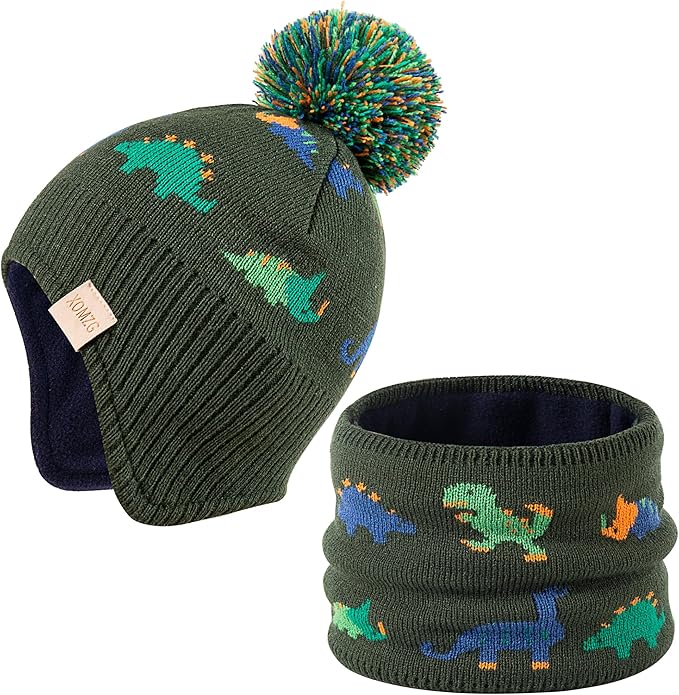 Beanie Knit Hats for Toddlers with Earflap Fleece Lined Hat Kids Warm Winter Hat Scarf Set Children's Thick Ski Cap