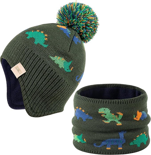 Beanie Knit Hats for Toddlers with Earflap Fleece Lined Hat Kids Warm Winter Hat Scarf Set Children's Thick Ski Cap