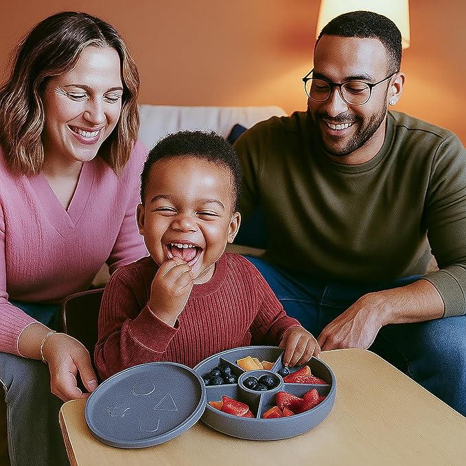 Talktools Bitsy Feeding Kid's Essentials Plate Set – Toddler Utensils, Spoon and Fork, Plate Lid, Perfect for Mealtime – Strong Suction Toddler Plates with 4 Compartments (Set-Cloud)
