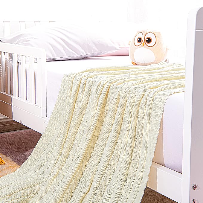 NTBAY 100% Pure Cotton Cable Knit Toddler Blanket, Super Soft Warm Breathable 30x40 Baby Blanket for Crib, Stroller, Nursery, Travel, Newborn, 30x40 Inches, Ivory