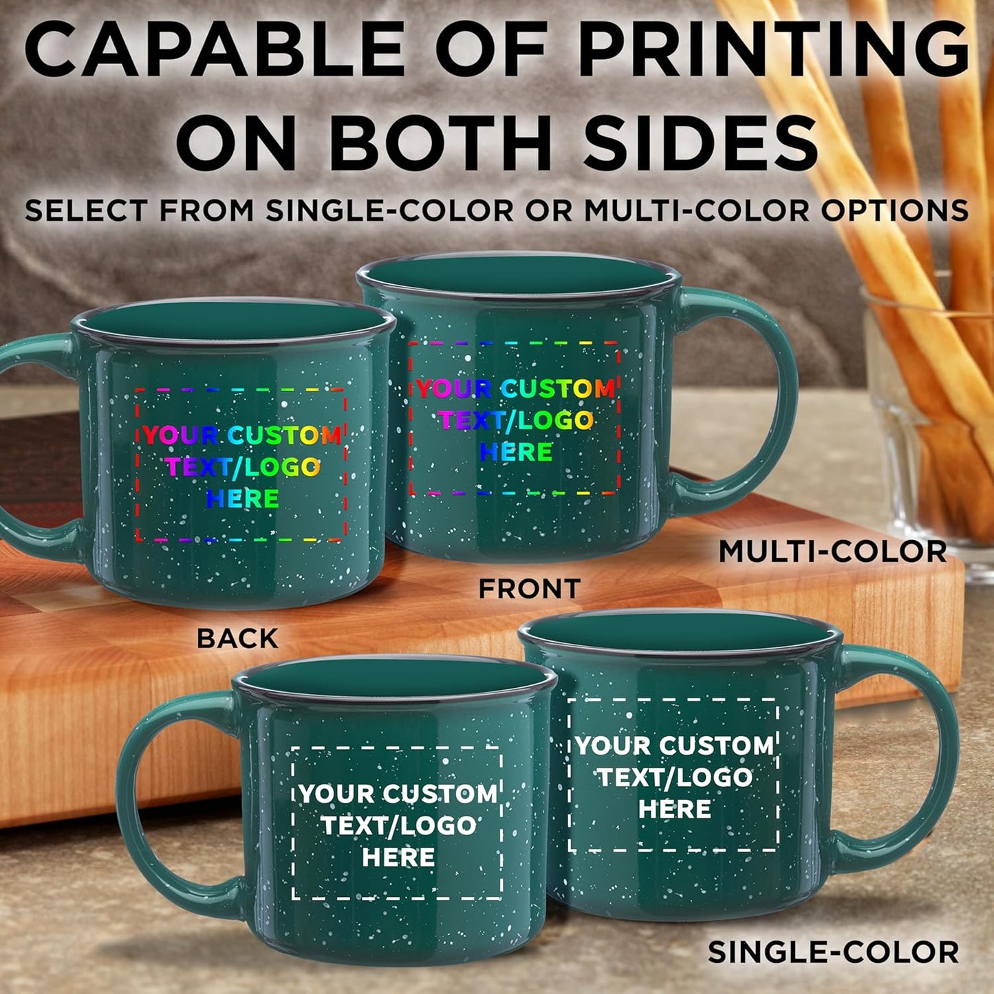 DISCOUNT PROMOS Custom Ceramic Campfire Coffee Mugs 13 oz. Set of 100, Personalized Bulk Pack - Perfect for Tea, Espresso, Cappuccino, Hot Cocoa - Green
