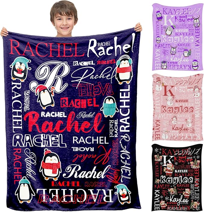 Personalized Baby Blanket with Name for Unisex Boys Girls, Navy Blue Penguin Bed Throws Newborn, Customized Blanket with Name Gift for Christmas Birthday, Super Soft Nursery Blankets for Kids Teens