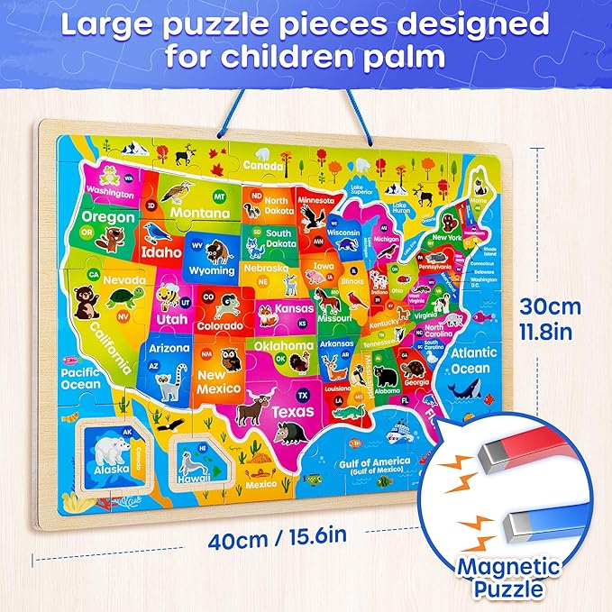 SYNARRY Large USA World Solar System Wooden Magnetic Puzzles for Kids Ages 4-6, Wood Puzzles Educational Games Toys Gifts for Toddlers, United States World Planet Space Map for Boys Girls Ages 3-5 4-8