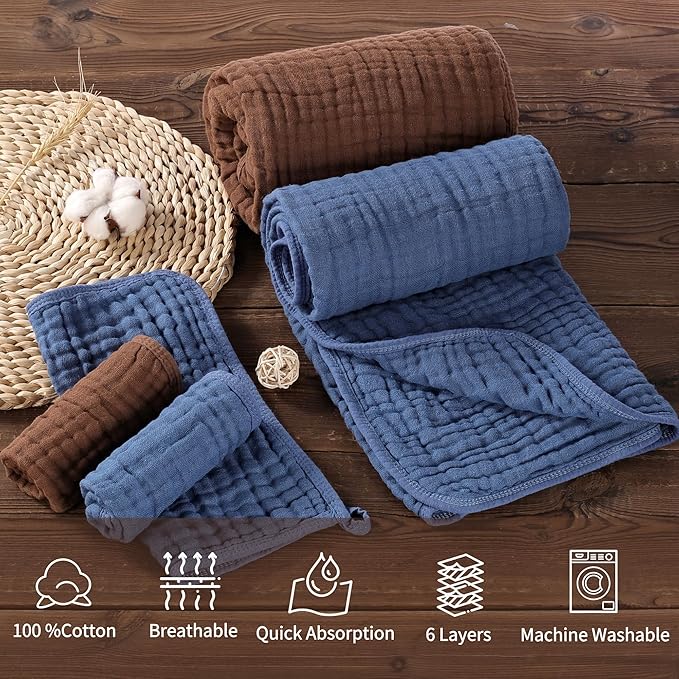 Premium 5-Piece Muslin Baby Towel Set: 43x43 Inches of Gentle Softness & Versatility, Ideal for Baby Girls & Boys' Delicate Skin – A Cozy Coffee & Soothing Blue Choice