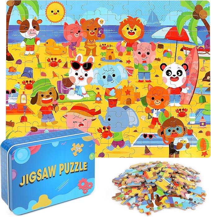 LELEMON Beach Animal Jigsaw Puzzles in a Metal Box 100 Pieces Beach Animal Party Jigsaw Puzzle for Kids Ages 4-8 Children Learning Educational Puzzles Toys