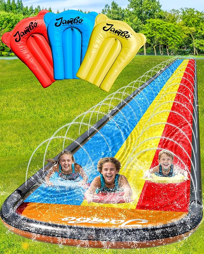 JAMBO 22.5ft Triple Lane Slip Splash and Slide with 3 Bodyboards with Built in Surround Sprinkler for Backyard Outdoor Water Fun for Kids