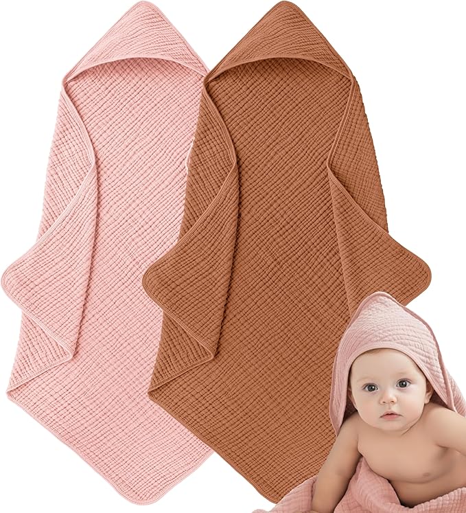 Muslin Hooded Baby Towels for Newborns, 32"x32", 100% Cotton – 6 Layers Super Soft Absorbent Breathable, Baby Bath Towel, Toddler Bath Towel – Pack of 2