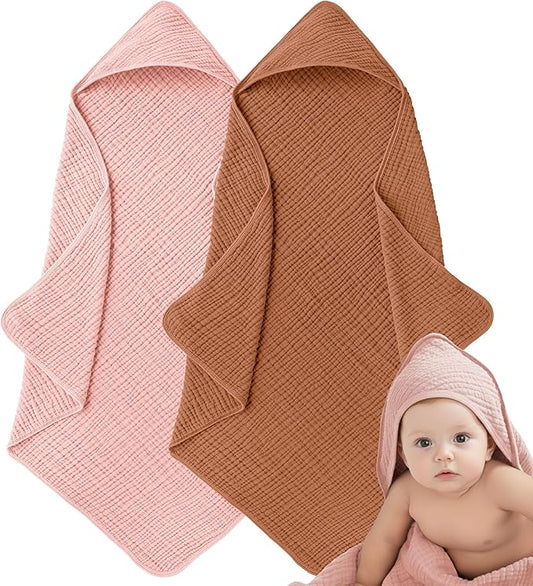Muslin Hooded Baby Towels for Newborns, 32"x32", 100% Cotton – 6 Layers Super Soft Absorbent Breathable, Baby Bath Towel, Toddler Bath Towel – Pack of 2