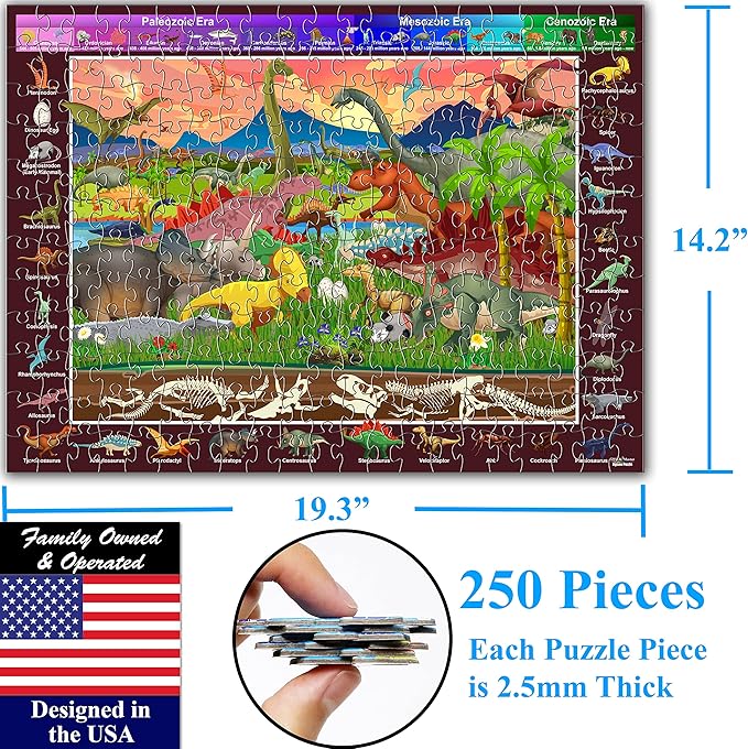 Think2Master Colorful Dinosaurs 250 Pieces Jigsaw Puzzle Fun Educational Toy for Kids, School & Families. Great Gift for Boys & Girls Ages 8+ to Stimulate Learning. Size: 14.2” X 19.3””
