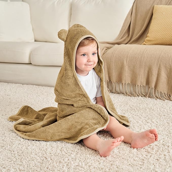 Munich Blue Toddler Bath Towel for Boys & Girls - Soft Baby Bath Towels with Cute Bear Ears - Cozy Baby & Toddler Towels, 600 GSM, 35x35 inch (Brown Sugar)