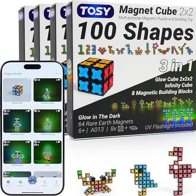 TOSY Magnet Cube 2x2 - 8 Blocks, 2in1 Toy: 2x2x2 Puzzle Cube and Customizable Infinity Cube, Glowing w/ UV Flashlight, Christmas Stocking Stuffers Gift for Kids/Grandkids, STEM Toy, 4-Pack