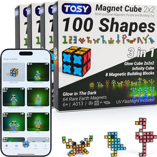 TOSY Magnet Cube 2x2 - 8 Blocks, 2in1 Toy: 2x2x2 Puzzle Cube and Customizable Infinity Cube, Glowing w/ UV Flashlight, Christmas Stocking Stuffers Gift for Kids/Grandkids, STEM Toy, 4-Pack