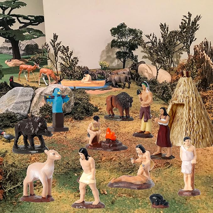 Hiawbon 15Pcs American Indian Figurines Set, Miniature Indian Figurines with Accessories, Resin American Indians Figures Play Figure Playsets for 3+ Years Old