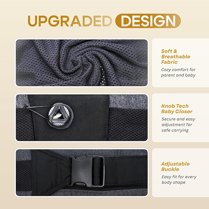 Baby Sling Carrier 8-30 lbs, Newborn Nursing, Toddler Carrier with Safety Buckle, Knob Tech Baby Closer, Adjustable Shoulder Strap, Portable and Lightweight (Black)