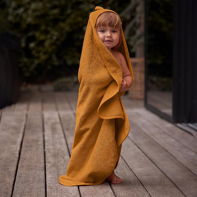 Organic Cotton Baby Hooded Towel 32' x 32' Super-Soft & Absorbent Baby Towel for Newborn (Bear - Autumn Yellow)