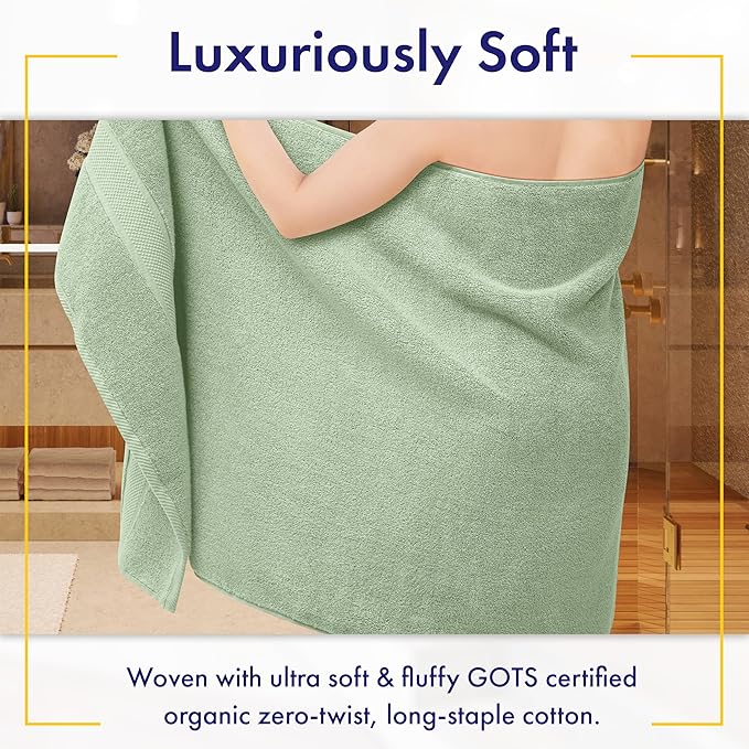 100% Organic Zero-Twist Cotton Towel - Luxury Bath Towel - Ultra Soft & Plush 700GSM Long-Staple Cotton (Eucalyptus Green)