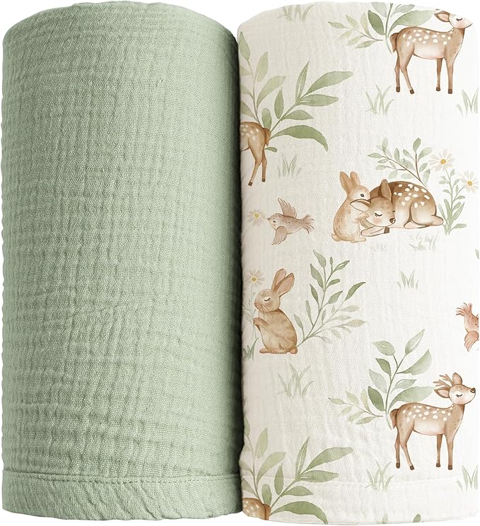 Konssy Muslin Swaddle Blankets for Girls Boys 2 Pack, 100% Cotton Receiving Baby Blanket Large 47 x 47 inches, Soft Breathable Swaddling Wrap for Unisex Newborn (Woodland,Sage)