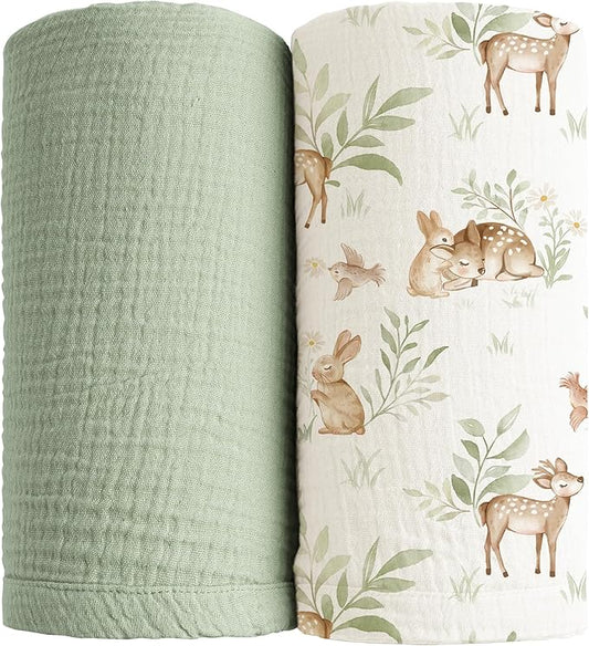 Konssy Muslin Swaddle Blankets for Girls Boys 2 Pack, 100% Cotton Receiving Baby Blanket Large 47 x 47 inches, Soft Breathable Swaddling Wrap for Unisex Newborn (Woodland,Sage)