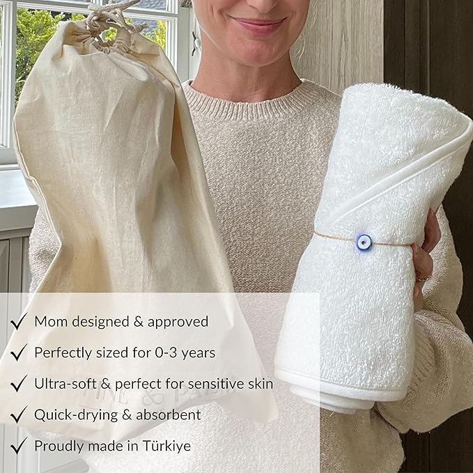 Pine & Palm Home Hooded Baby Towel – Turkish Cotton & Rayon from Bamboo, Soft & Absorbent, Quick-Dry | Neutral Newborn & Toddler Bath Towel | Gift-Ready Bag (Pearl)